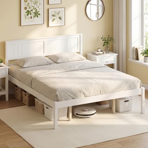 GIANTEX Queen Wood Platform Bed Frame with Headboard, Mid Century Queen Bed Frame with Wood Slat Support, Solid Wood Foundation with 16" Under Bed Storage, No Box Spring Needed, Easy Assembly (White)