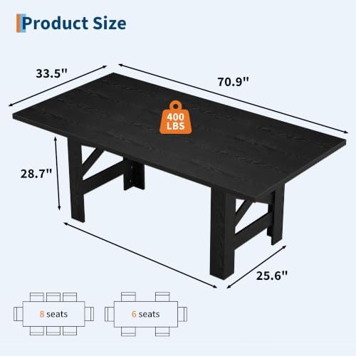 IDEALHOUSE 71" Long Dining Table for 6-8, Farmhouse Wooden Barn Kitchen Table for 6, Triangular Legs, Large Dining Room Table w/Thick Tabletop, Sturdy Frame, for Dinner, Kitchen, Office, Rustic Black