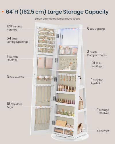 SONGMICS HOME Standing Jewelry Armoire, Full Length Mirror with Storage | Lockable Jewelry Cabinet with 6 LED Lights, Floor Mirror, Built-in Vanity, White Surface, Black Lining UJJC007W02SH