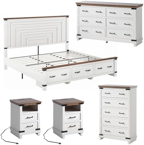 AMERLIFE 5-Piece Farmhouse Bedroom Set, Rustic Wood King Bed Frame with 51" Tall Headboard, 6-Drawer Dresser, 5-Drawer Tall Chest, Nightstands Set of 2 with Charging Station, White