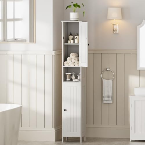 Homleke Tall Bathroom Storage Cabinet with 2 Doors, Slim Bathroom Cabinet | Narrow Storage Cabinet with Adjustable Shelves, Reversible Door, Easy Assembly, for Bathroom, Living Room, White, 11.8''W