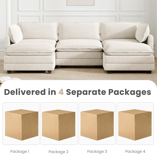 ROWHY 112'' Sectional Modular Cloud Couch, Oversized 5 Seat Couches U Shaped Sofa with 2 Movable Ottomans, 2 Throw Pillows, Upholstered Corduroy U Shape Comfy Deep Couches for Living Room, Beige