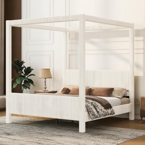 Queen Size Canopy Bed with Upholstered Headboard & Footboard, Beige