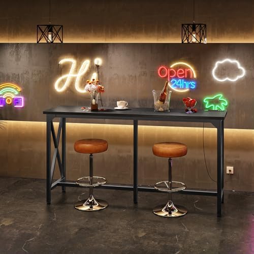 CHOEZON 55'' Bar Table, Kitchen Dining Table with Power Outlet and Footrest, Industrial Style, for Pub, Living Room, Rustic Brown and Black TBT09UBB