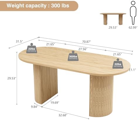 70.8 Inch Dining Table for 4-6 People, Oval Kitchen Table with Semi-Cylindrical Legs Base, Modern Farmhouse Round Dinner Tables for Dining Room Kitchen Living Room (Natural)