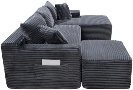 106-Inch Oversized U-Shaped Right Facing Corner Compressed Sofa Modular Boneless Cloud Sectional Sofa Floor Foam Couch W/Chaise & Ottoman, Corduroy Corner Boneless Cloud Couch