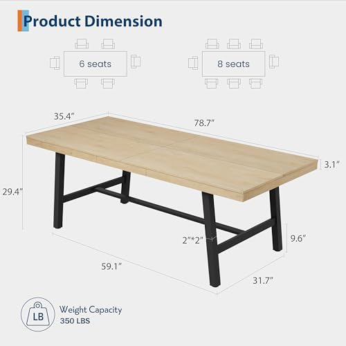 Garvee 79" Rectangular Dining Table, Modern Kitchen Table, Natural