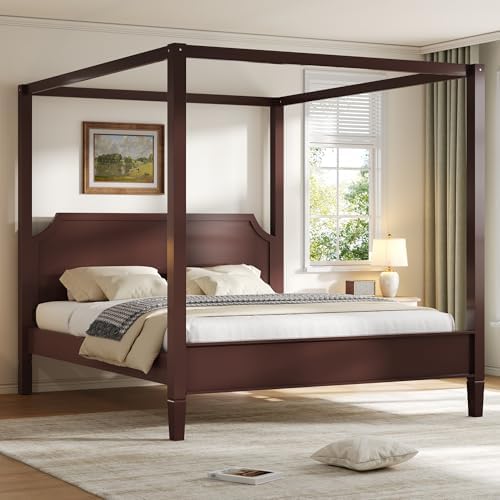 Queen Size Wood Canopy Bed Frame, Walnut Vintage Four-Posters Platform Bed Frames with Headboard, 10-Slat Support Wooden Post Beds, 8" Under Bed Storage, Easy Assembly (Walnut, Queen, 77"H)