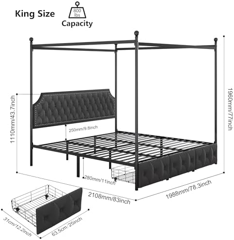 Keyluv King Upholstered Canopy Bed Frame with 3 Storage Drawers & Button Tufted Headboard, Metal Platform Bed with 4 Removable Posts, Two-Purpose Velvet Bed, Dark Grey/Curtain Not Included