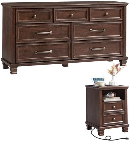 SAVOR LIFE Farmhouse Dresser and Nightstand Set 2, Walnut