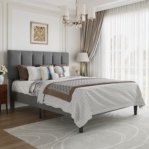 VECELO Full Size Bed Frame with Upholstered Headboard, Dark Grey