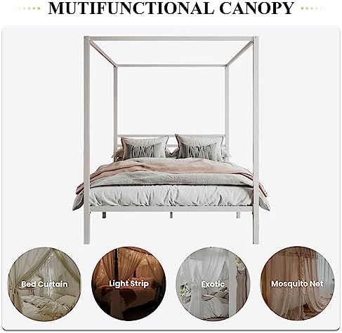 SHA CERLIN Queen Size Canopy Bed Frame with Heavy Duty Metal Slats, White