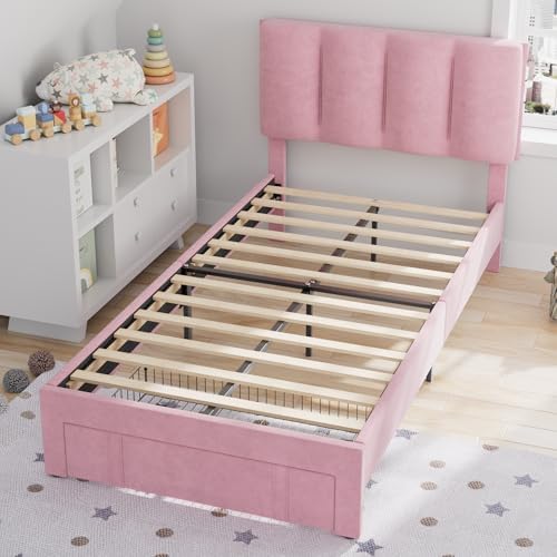 VECELO Twin Size Bed Frame with Storage Drawer, Heavy-Duty Bedframe with Tufted Headboard & Wooden Slats & Steel Framework, No Box Spring Needed, Pink