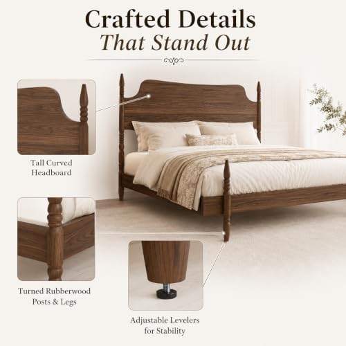 Queen Size Wood Platform Bed Frame with Tall Curved Headboard, Retro Four-Poster Spindle Bed with Solid Rubberwood Posts and Legs, No Box Spring Needed, Walnut Finish