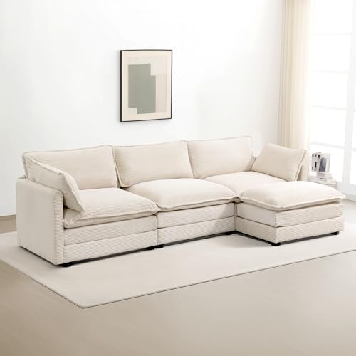 ROWHY 112'' Modular Sectional Cloud Couch with Movable Ottoman, 4 Seat Modern Corduroy Sofa, Deep Seat L Shaped Couch for Living Room Bedroom Apartment, Beige