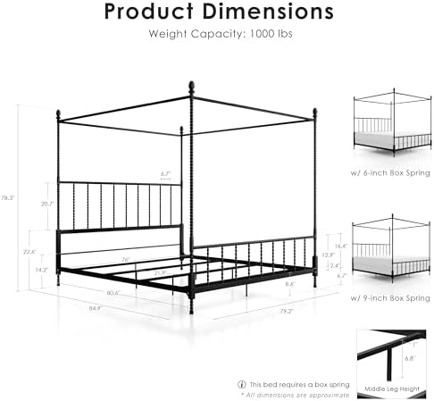 Furniture of America Vaeli Modern Metal King Size Four Poster Bed Frame with Spindles, Canopy Bedframe for Bedroom, Guest Room, Box Spring Required, Black