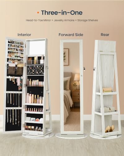 SONGMICS HOME Standing Jewelry Cabinet, Full Length Mirror with Storage | Swivel Jewelry Armoire, Lockable Rotating Organizer, Rear Storage Shelves, Bedroom Organization, White UJJC006W01SH