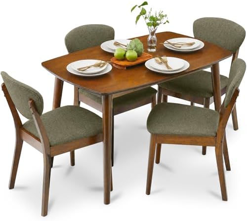 Best Choice Products 5-Piece Dining Set, Compact Mid-Century Modern Table & Chair Set for Home, Apartment w/ 4 Chairs, Padded Seats & Backrests, Wooden Frame - Walnut/Moss Green