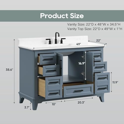48 Inch Bathroom Vanity with Sink, Modern Steel Blue Bathroom Vanities with Soft Closing Doors & Dovetail Drawers, Quartz Countertop, No Assembly Required