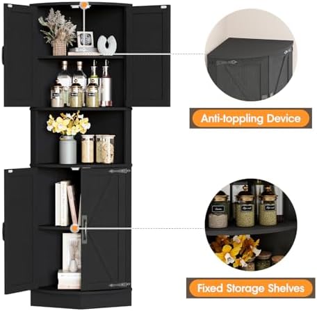 Vabches 64.8" Tall Farmhouse Corner Cabinet with 4 Doors and 5 Storage Shelves, Farmhouse Storage Cabinet with Barn Door Design, Home Space Saver for Living Room, Kitchen, Laundry Room,Black