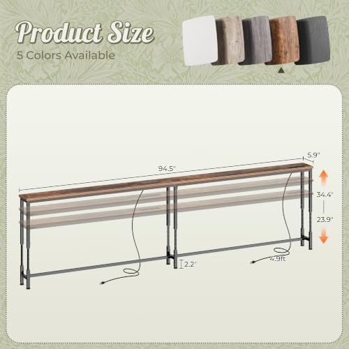 Huuger 94.5 Inch Sofa Table with Power Outlets, Skinny Behind Couch Table