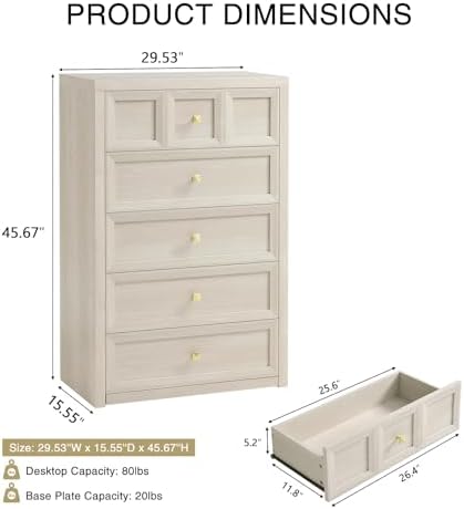 3-Piece Bedroom Set, 5 Drawer Tall Dresser and 3 Drawer King Size Nightstands Set of 2 with Charging Station, 3 Piece Farmhouse Wood Bedroom Dresser and Nightstand Sets, Grey White