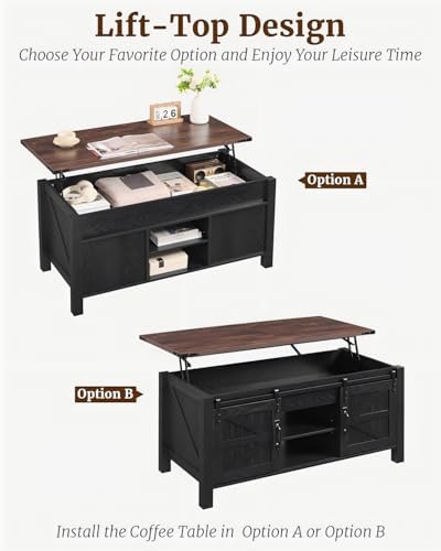 OKD 48" Farmhouse Lift Top Coffee Table, Sliding Barn Door,Black & Walnut