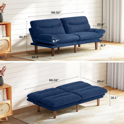 Marsail 66.02" Futon Sofa Bed, Small Convertible Sleeper Couch, Royal Blue