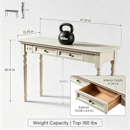 47" Narrow Solid Wood Writing Desk with Drawers, White