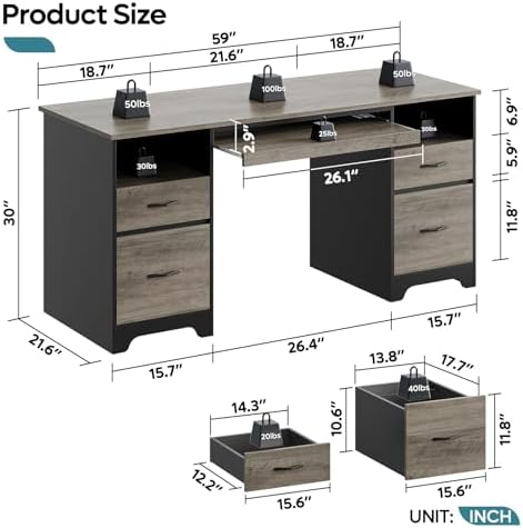 Bestier 59 Inch Office Desk with 4 Drawers, Computer Desk with Storage, Executive Desk with File Drawer, Keyboard Tray & 2 Pedestals on Both Sides for Home Office, Studio, Grey&Black