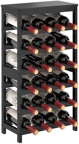 MOGELAFOO 6 Tier Bamboo Wine Rack Freestanding Floor, 24 Bottles Wine Storage Shelves with Table Top, Stackable Wine Display Rack for Kitchen, Bar, Dining Room, Black