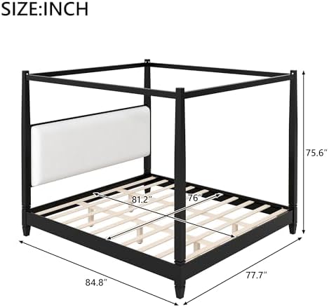 King Size Wood Canopy Bed Frame, Black Vintage Four-Posters Platform Bed