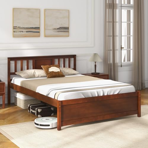 GIANTEX Full Size Solid Wood Platform Bed Frame, Mid Century Full Bed Frame with Headboard, Wood Slat Support, Double Panel Bed, No Box Spring Needed, Easy Assembly, Walnut