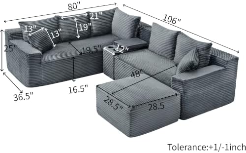 106-Inch Oversized L-Shaped Corner Cloud Couch Modular Cloud Sectional Couch W/Console & Ottoman, Compression Boneless Corner Sofa Plush Corduroy Sectional Sofa for Living Room