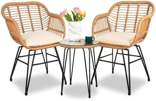 3 Piece Outdoor Wicker Furniture Bistro Set, Rattan Chairs Conversation Sets Wicker Patio Furniture for Balcony Poolside Backyard, Beige