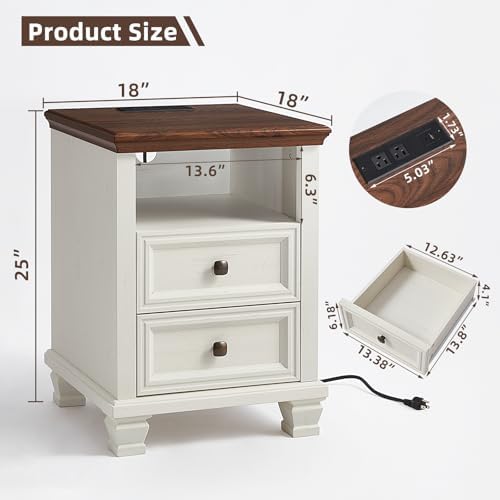 SAVOR LIFE Farmhouse Nightstand Set of 2 with Charging Station, White