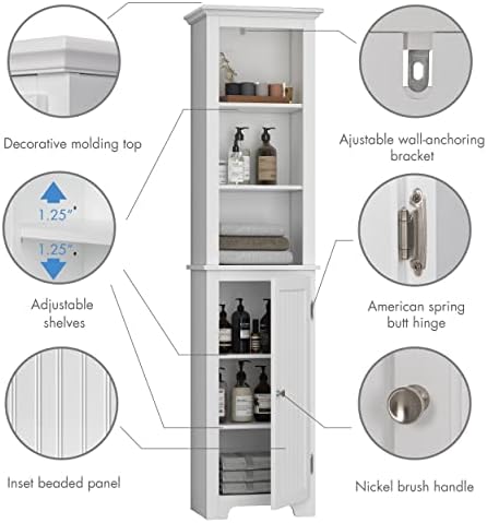UTEX Tall Bathroom Storage Cabinet with Doors & Adjustable Shelves, White | 3 Open Shelves, 2 Adjustable Interior Shelf, Beadboard Door, FSC-Certified Wood, Anti-Tip Device, 64-Inch Tall Linen Tower