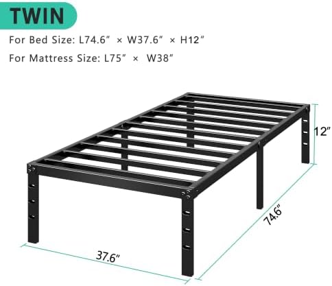 HLIPHA Metal Platform Bed Frame 12 Inch Tall,No Box Spring Needed,Twin Size Bed with Heavy Duty Strong Support Slats,Easy to Assemble,Black