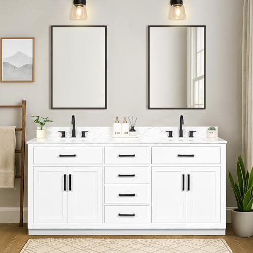 72-inch White Bathroom Vanity with 2 Sinks, Solid Wood, 0.79-inch Stone Countertop and Backsplash, 6 Drawers, 4 Soft Closing Doors