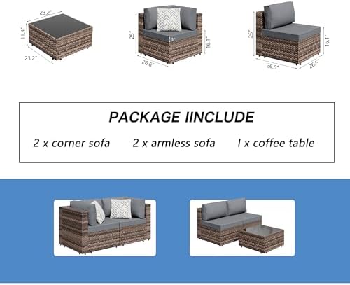 Shintenchi 5 Piece Outdoor Patio Furniture Set with Brown PE Rattan, Gray