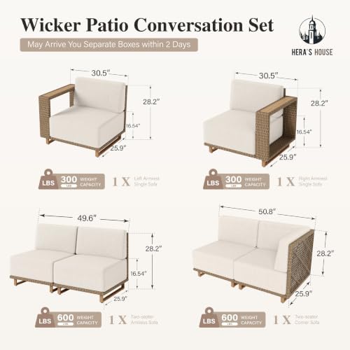 HERA'S HOUSE Patio Sectional Furniture Set with 10" Thick Cushions, 6pcs
