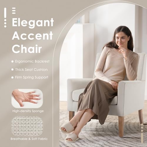 COLAMY Modern Wingback Living Room Chair Set of 2, Upholstered Fabric Accent Armchair, Single Sofa Chair with Lounge Seat and Wood Legs for Bedroom/Office/Reading Spaces, Beige