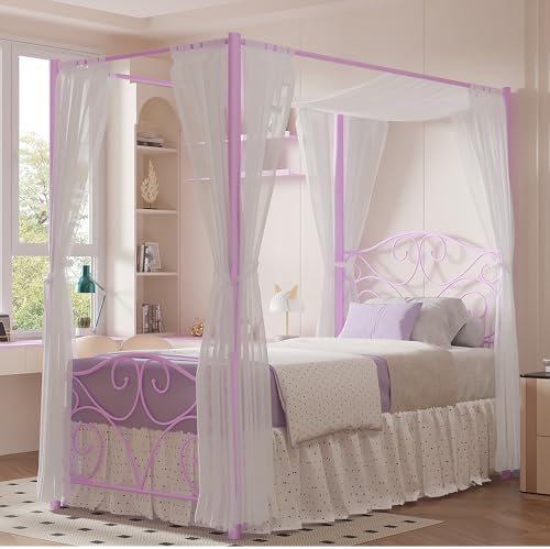 VECELO Metal Canopy Bed Frame Twin Size, 4 Posters Platform Mattress Foundation with Headboard, Heavy Duty Steel Slats Support, No Box Spring Needed, Purple