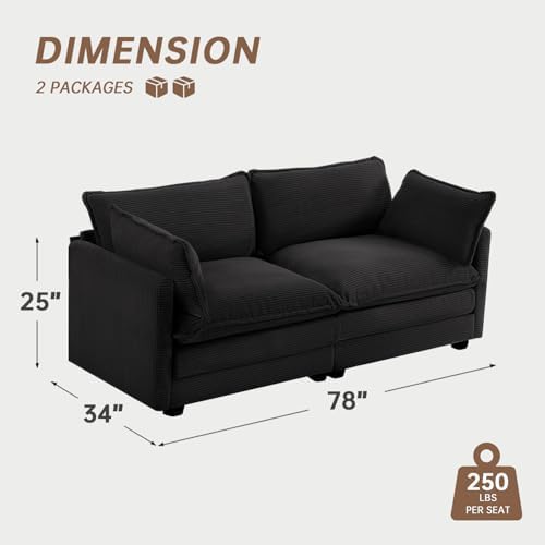 ROWHY 78'' Sectional 2 Seat Cloud Loveseat with 2 Throw Pillows, Modern Corduroy Love Seat, Cozy Sofa for Living Room, Office and Bedroom,Black