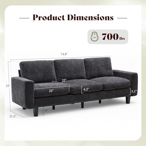 AMERLIFE 3 Seater Sofa, Deep Seat Couch with Metal Support, Chenille Gray