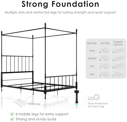 Furniture of America Vaeli Modern Metal Queen Size Four Poster Bed Frame with Spindles, Canopy Bedframe for Bedroom, Guest Room, Box Spring Required, Black