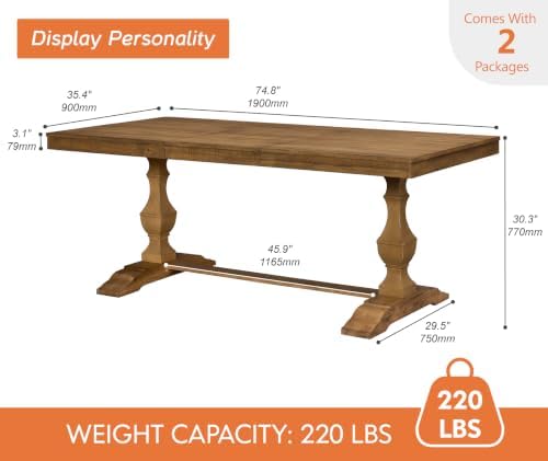 WAMPAT 74.8-inch Long Vintage Farmhouse Dining Table for 6-8 People