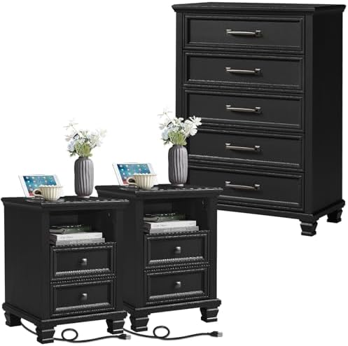 SAVOR LIFE Farmhouse Dresser and Nightstand Sets 3 Piece, Black