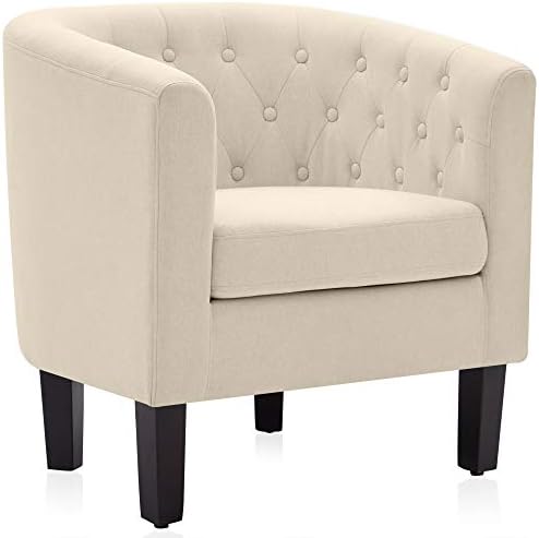 BELLEZE Accent Barrel Arm Chair, Modern Comfy Upholstered Tufted Club Chair with Sturdy Legs and Linen Fabric for Bedroom Living Room - White