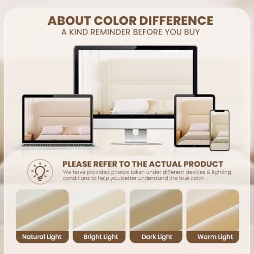 GRUSIGN Platform Bed Frame with Velvet Headboard, Adjustable Height Wooden Slats Support, Upholstered Mattress Foundation, Fits Mattress or Mattress with Box Spring, Easy Assembly, Beige, Full